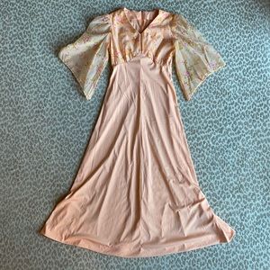 Vintage Handmade Peach-colored V-neck Maxi Dress with Bell Sleeves, size S
